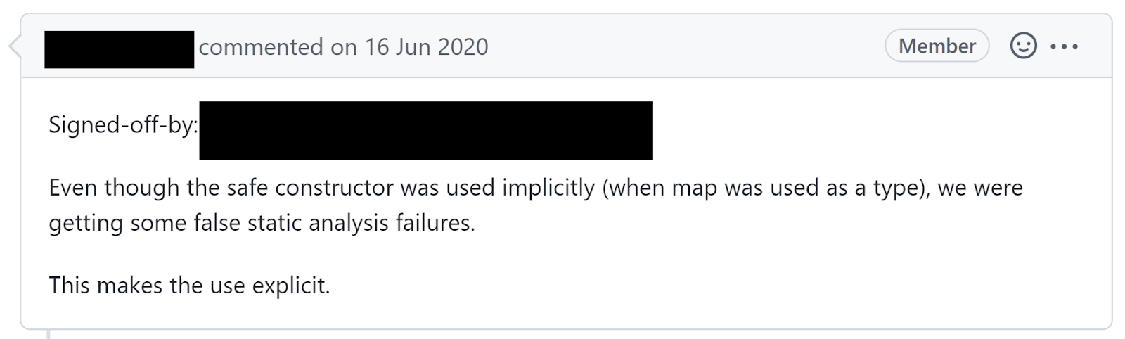 Pull request comment: even though the safe constructor was used implicitly, static analysis reported false failures, so the change makes its use explicit